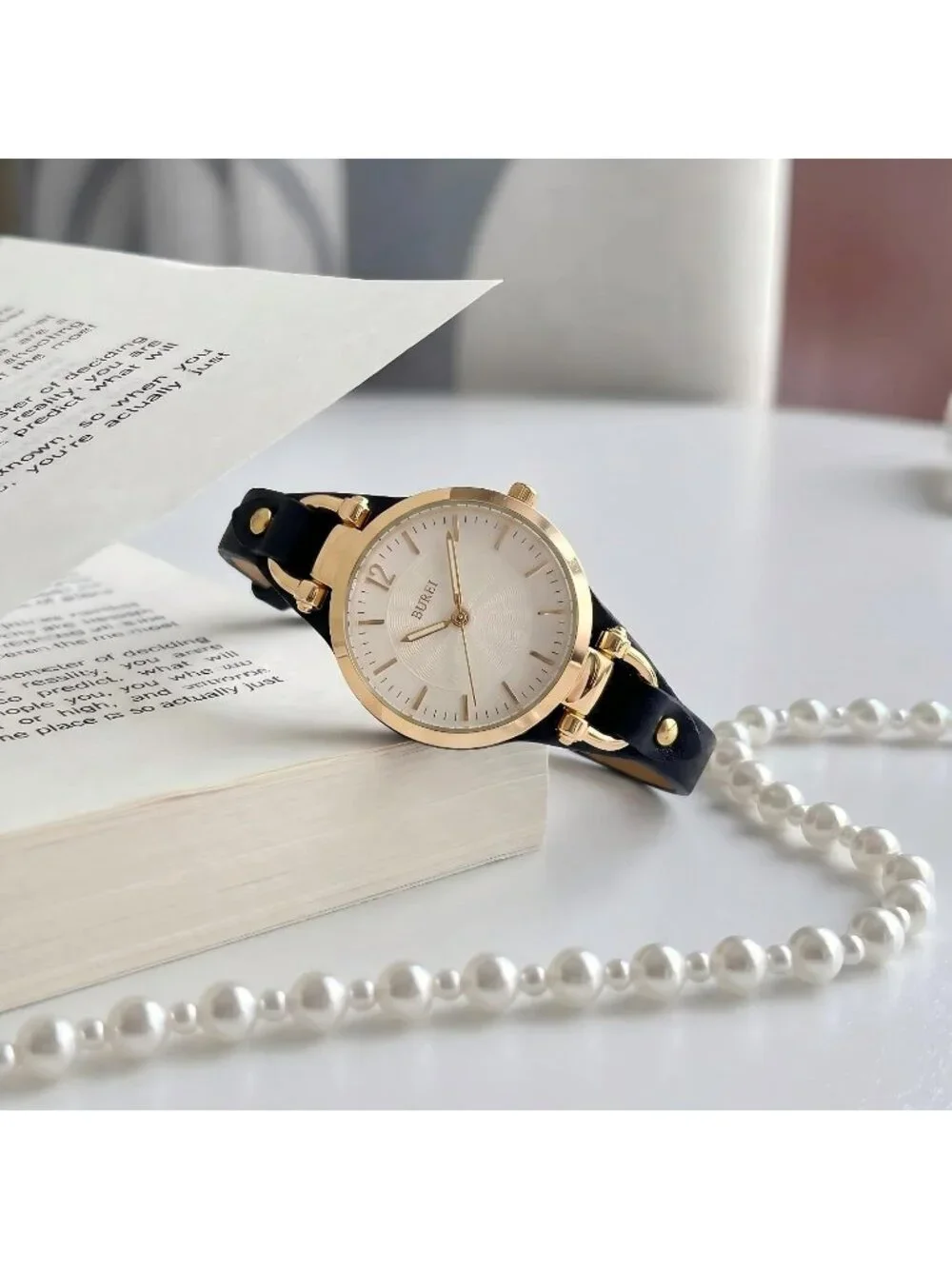 Women's Golden Black Leather Strap Small Dial Waterproof Quartz Wrist Watches